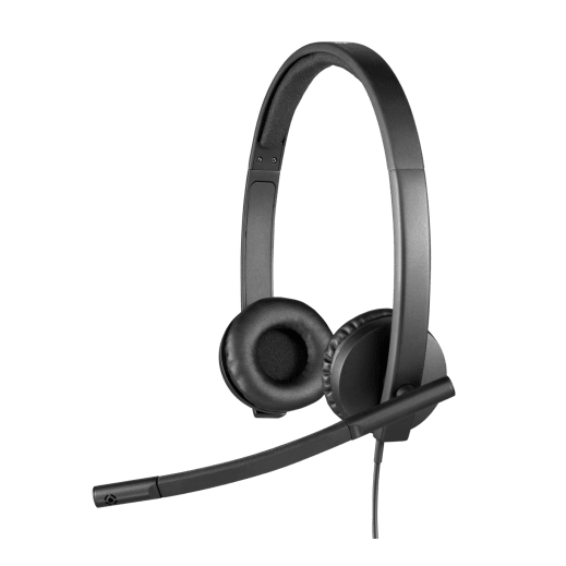 Logitech H570e stereo USB headset in black, side view